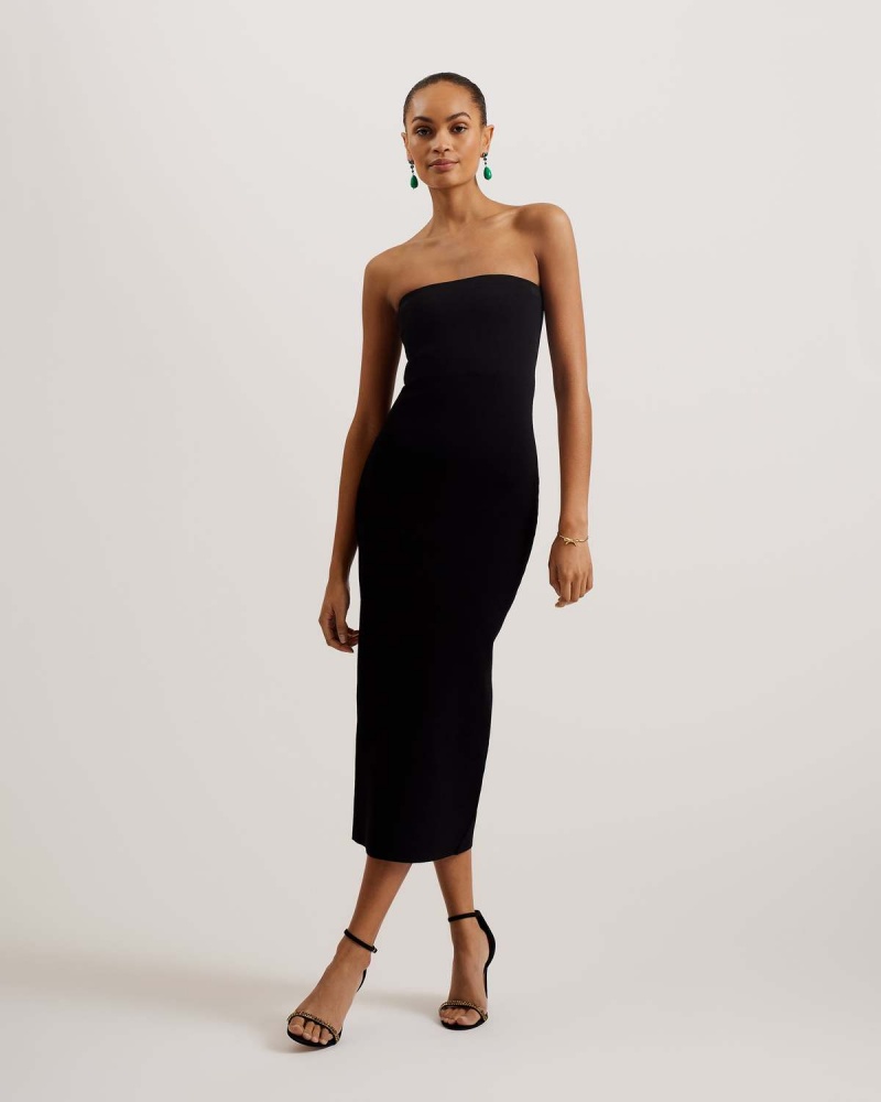 Ted Baker JESSSI Trykotowy Strapless Bodycon Midi Sukienki Czarne | 86JGOYFVI