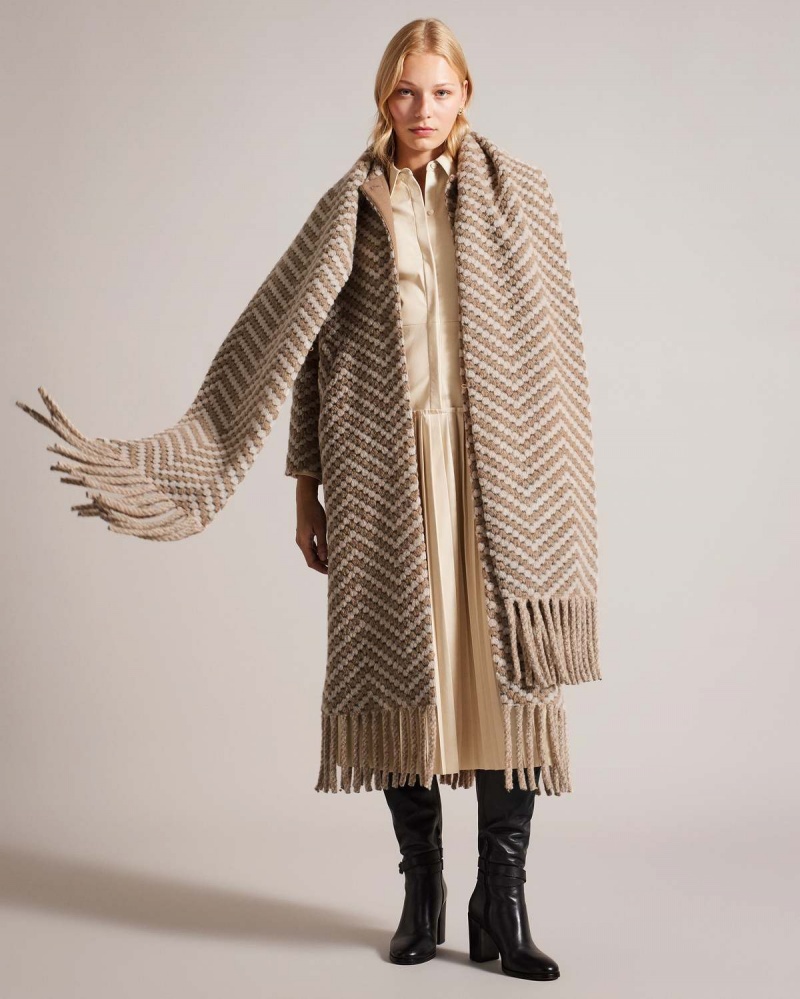 Ted Baker JILLIYA Oversized Twill Knit Scarf Coat Camel | 83TQWLIXJ