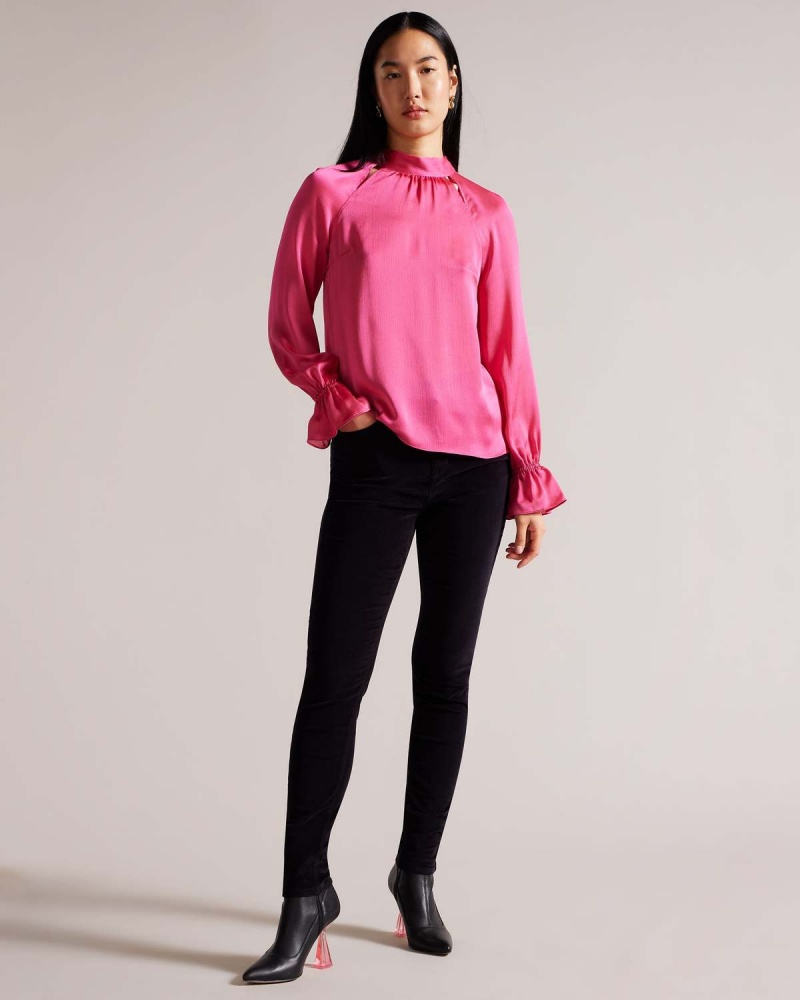 Ted Baker JOANHA High Neck Long Sleeve Blouse with Cut Out Różowe | 50WQAZPXN