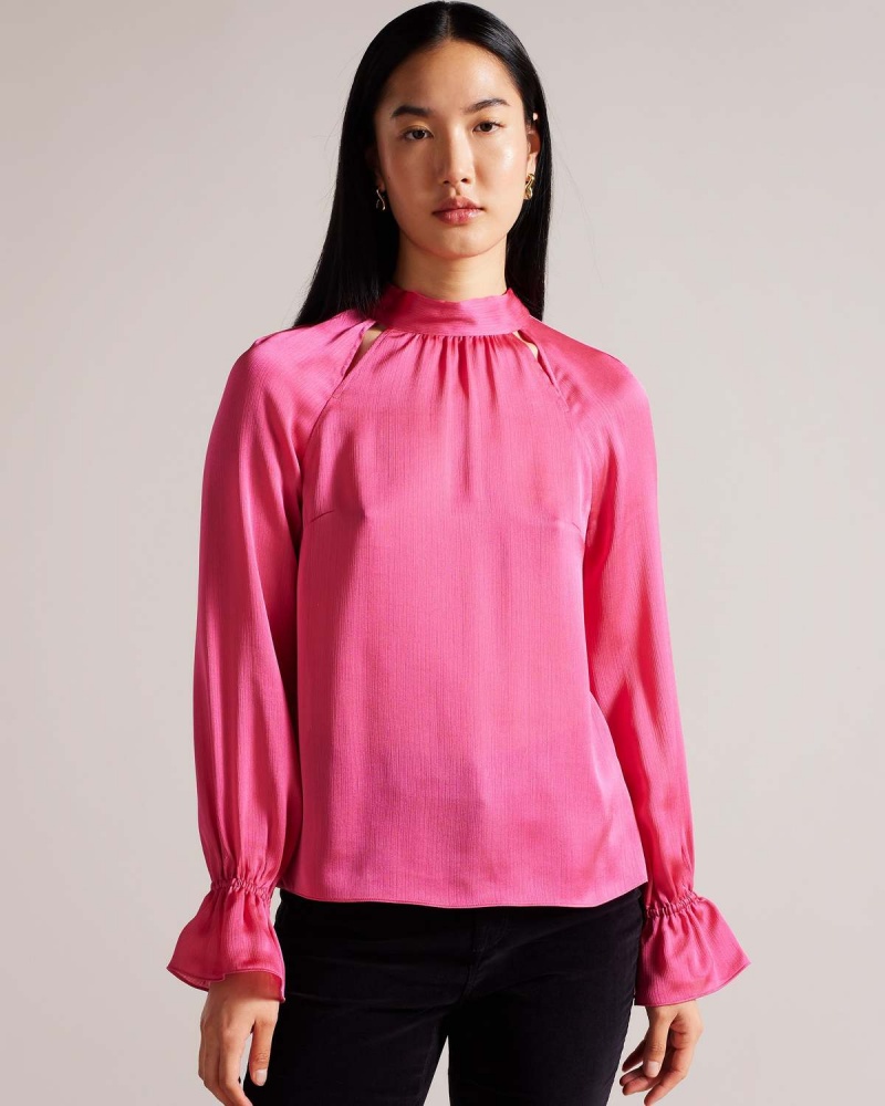 Ted Baker JOANHA High Neck Long Sleeve Blouse with Cut Out Różowe | 50WQAZPXN