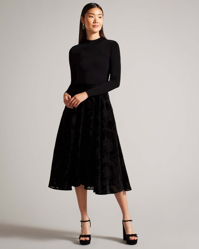 Ted Baker JULYIET Knit Bodice Velvet Midi Sukienki Czarne | 01MEGVWFK