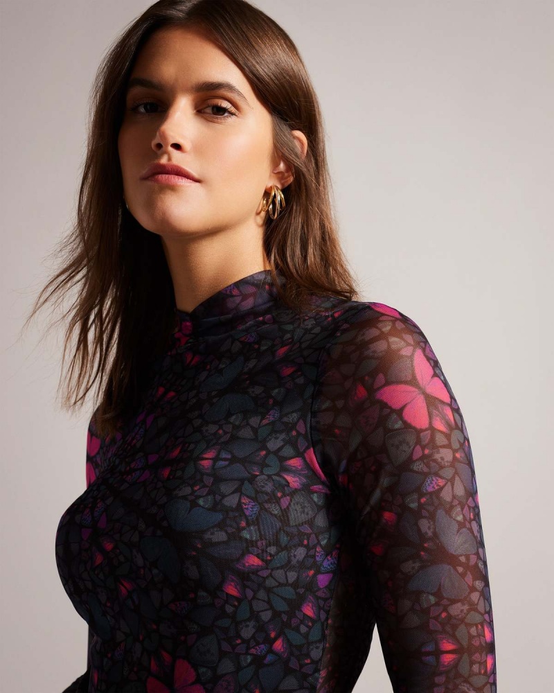 Ted Baker KAMILL Mesh Fitted Top with High Neck Czarne | 54VMESWBF