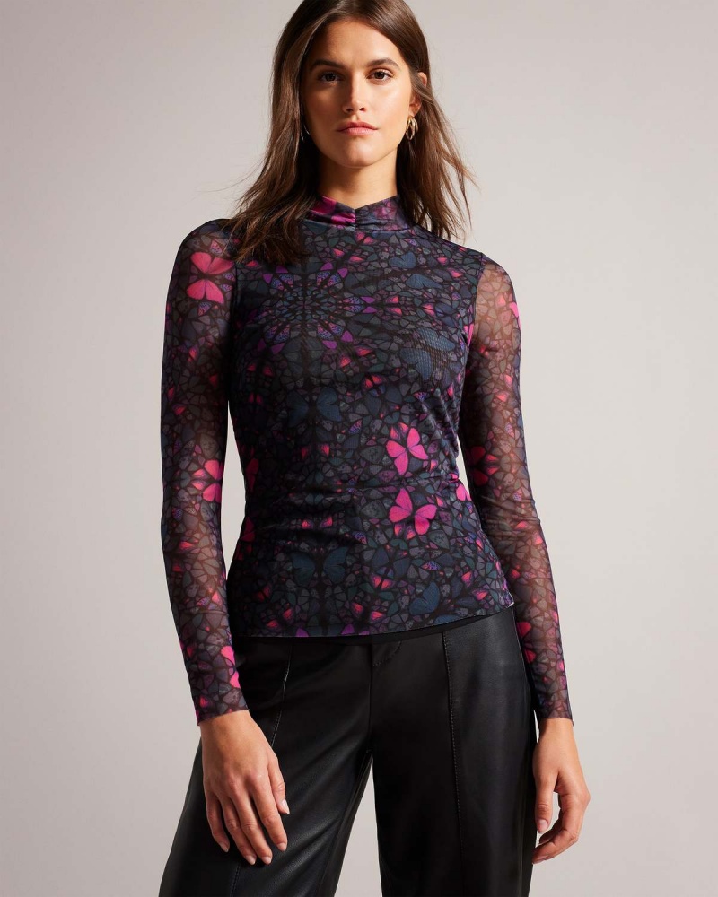 Ted Baker KAMILL Mesh Fitted Top with High Neck Czarne | 54VMESWBF