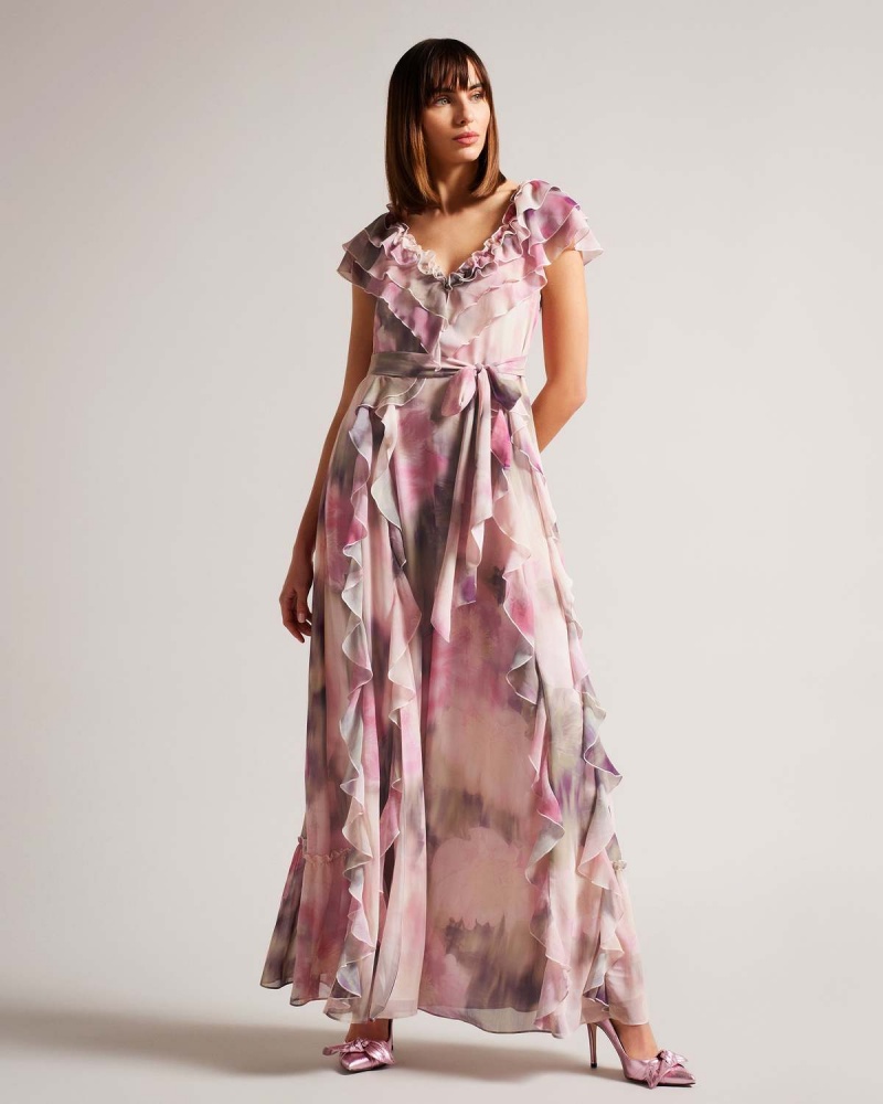 Ted Baker KARENIE Frilled Bez Rękawów V Neck Maxi Sukienki Koralowe | 65OKAMHFI