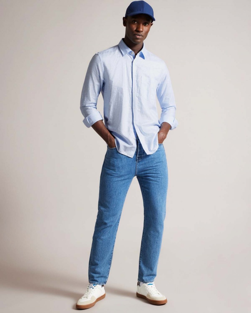 Ted Baker KINGWEL Long Sleeve Linen Shirt Lt-Blue | 98BVZRQMS