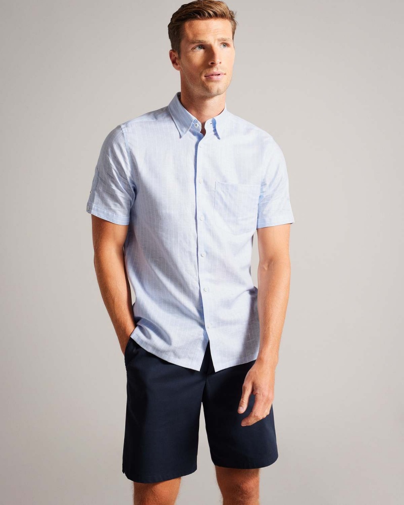 Ted Baker LYTHAM Krótkie Sleeve Linen Stripe Lt-Blue | 72VUQJHIR