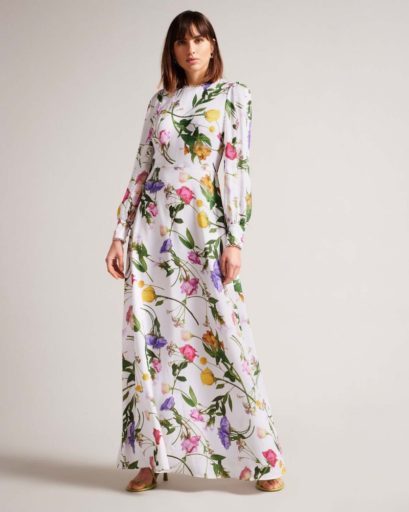 Ted Baker MARGGOH Blouson Sleeve Maxi Sukienki Białe | 42BGHRVDL