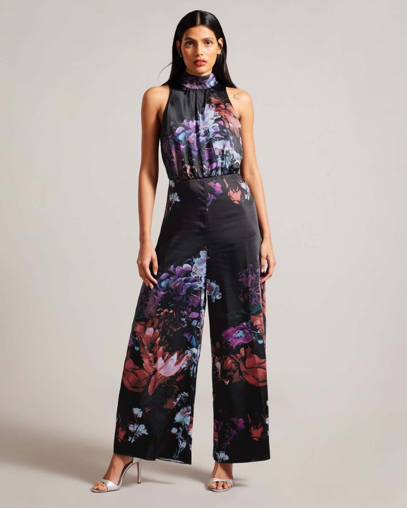 Ted Baker MARLEEH Halterneck Jumpsuit with Palazzo Pant Czarne | 56ZHTRSLM