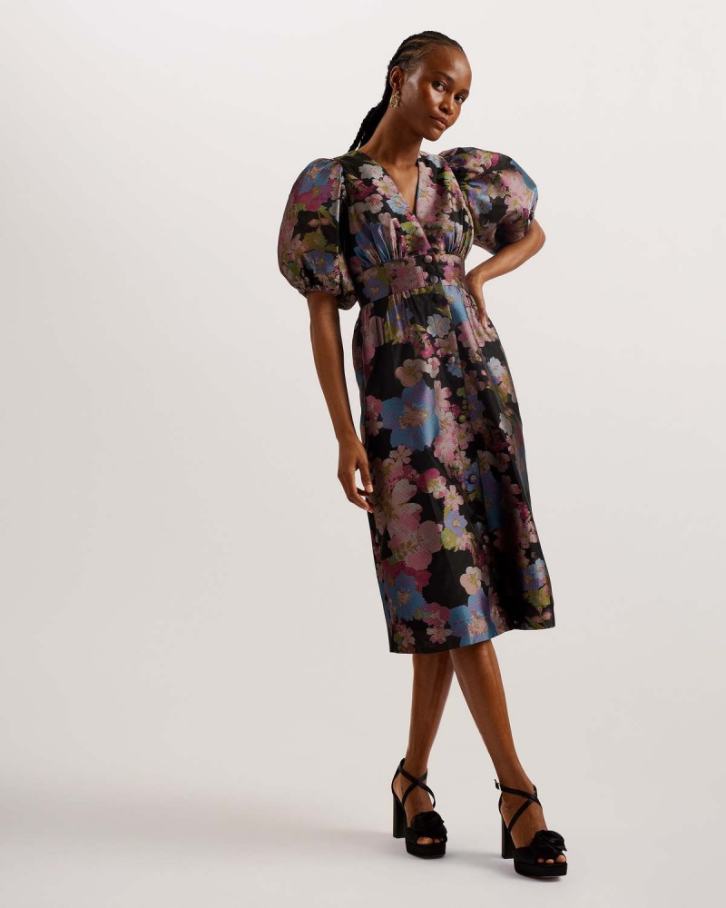 Ted Baker MATSEA Button Front Jacquard Midi Sukienki Czarne | 04AEIGOKY