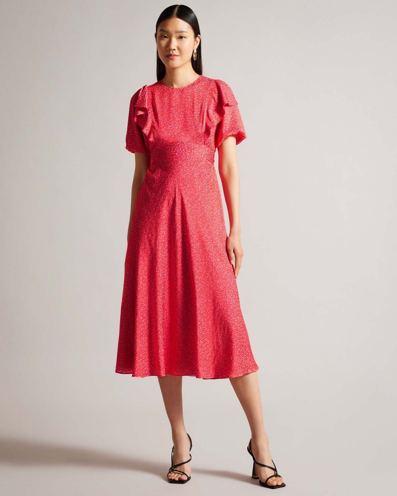 Ted Baker MAYYIA Puff Sleeve Ruffle Midi Sukienki Fuksja | 87PSRMQGB