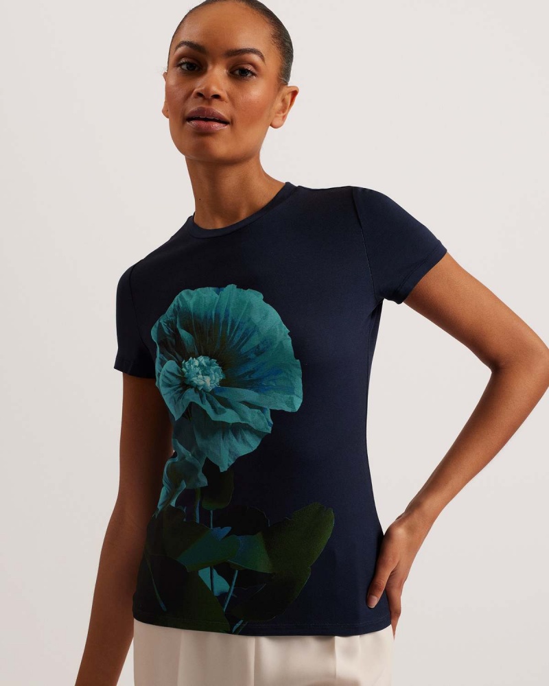 Ted Baker MERIDI Printed Fitted Tee Granatowe | 30FYNLOQP