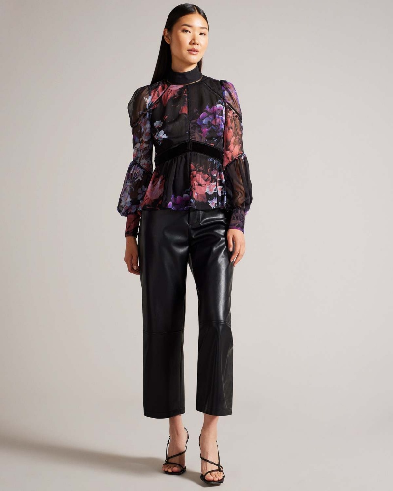 Ted Baker NEEVEH Ladder Trim Velvet Top Czarne | 71XMYATKL