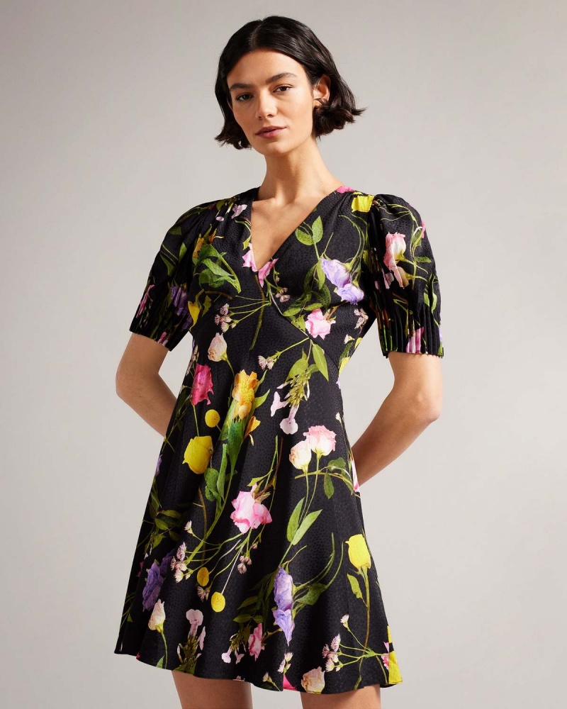 Ted Baker OPALLIE Mini Puff Sleeve Tea Sukienki Czarne | 23ZOSXDUW