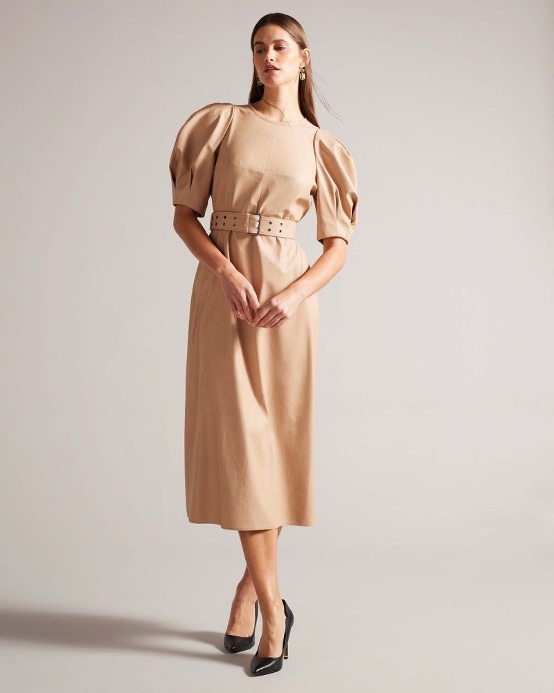 Ted Baker PALOWMA Puff Sleeve Midi Sukienki With Belt Camel | 69UMFAWTG