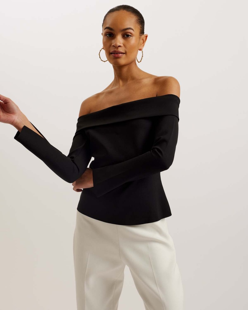 Ted Baker PHOLLYY Off The Shoulder Fitted Top Czarne | 39ELNXQCA