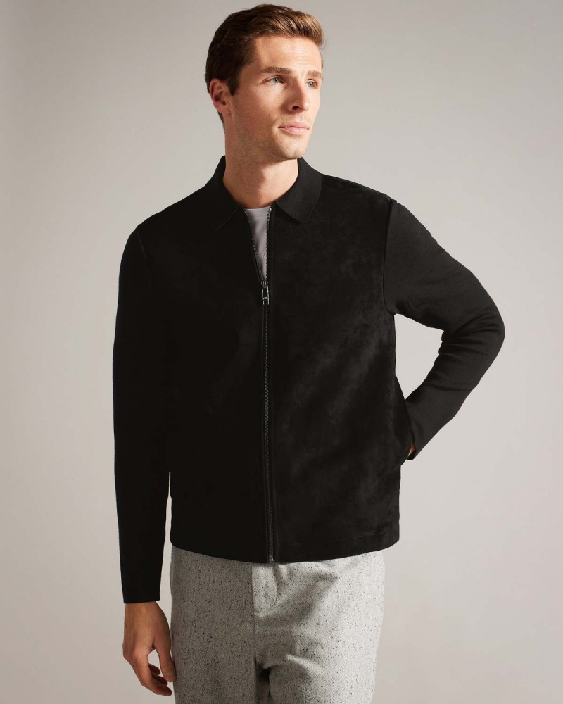 Ted Baker PIETER LS Zamszowe Front Zip Through Czarne | 65FVWSDNC