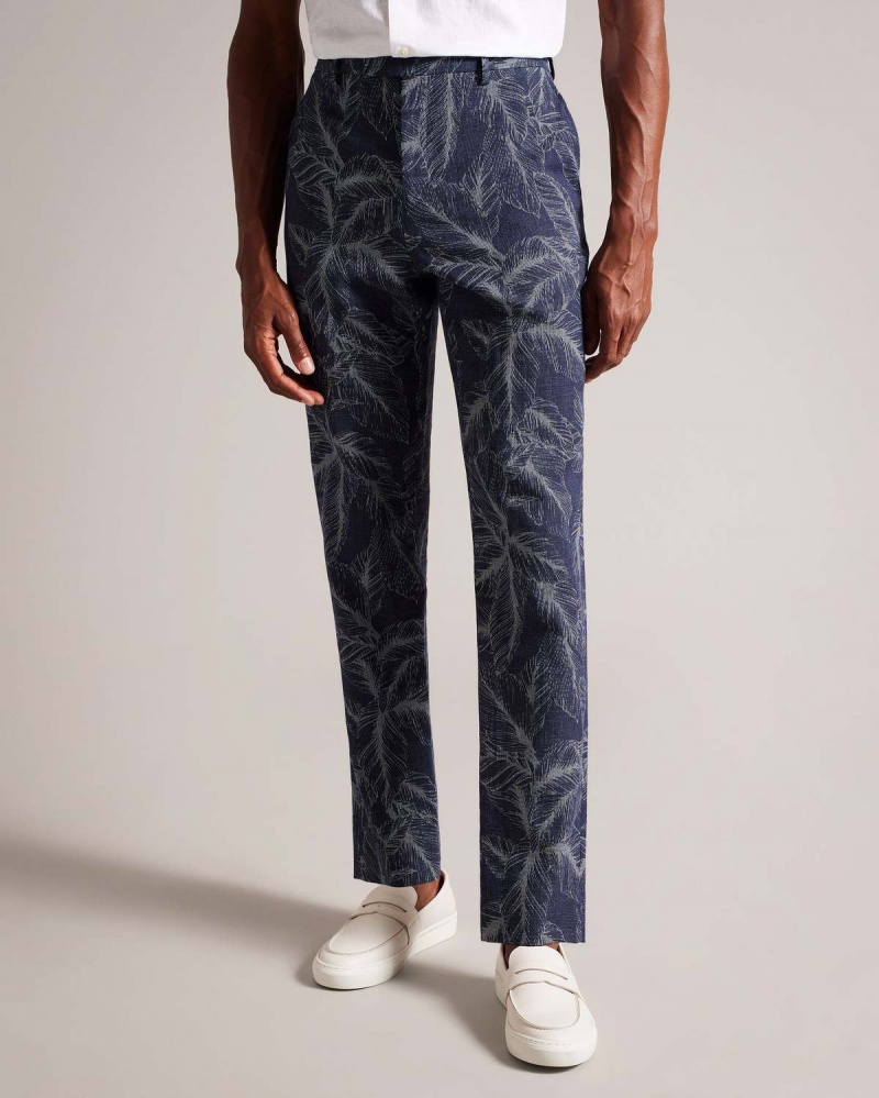 Ted Baker POSTOT Bawełniane Linen Printed Trousers Granatowe | 17ILPESTX