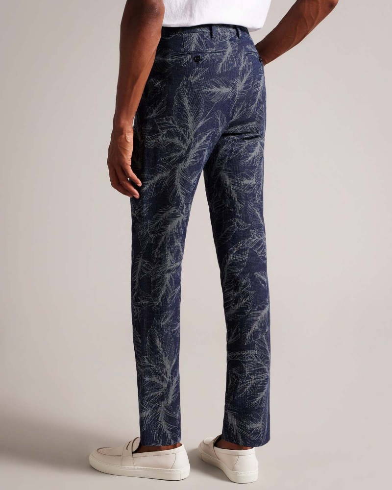 Ted Baker POSTOT Bawełniane Linen Printed Trousers Granatowe | 17ILPESTX