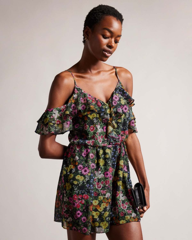 Ted Baker PRIYAHH Off The Shoulder Ruffle Playsuit Czarne | 34GKEJRLI