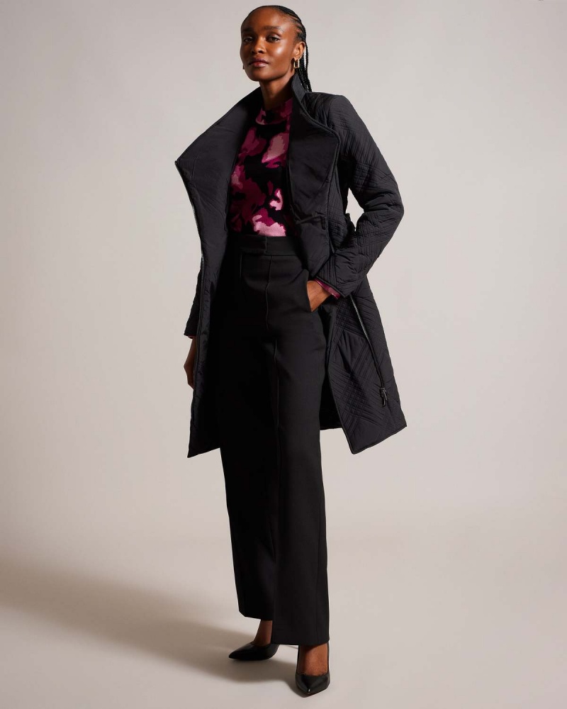 Ted Baker ROSEMAE Watowany Midi Wrap Coat Czarne | 73BLDQYJS