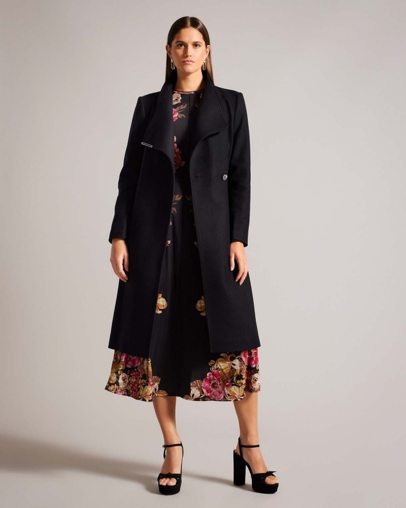 Ted Baker ROSE Midi Wełna Wrap Coat with Shoulder Panels Czarne | 45RJVLKEH