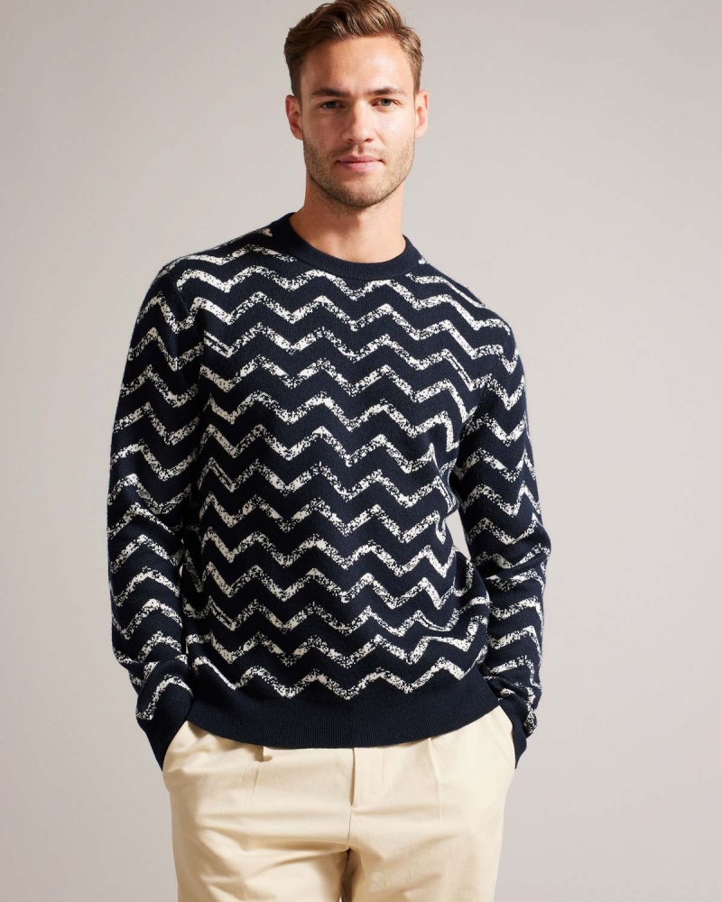 Ted Baker SESIL LS Zig Zag Jacquard Crew Neck Granatowe | 13ITVZEFM