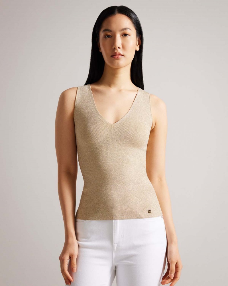 Ted Baker SHARLEE Trykotowy Fitted Vest with Metallic Thread Złote | 91WQYVEXK