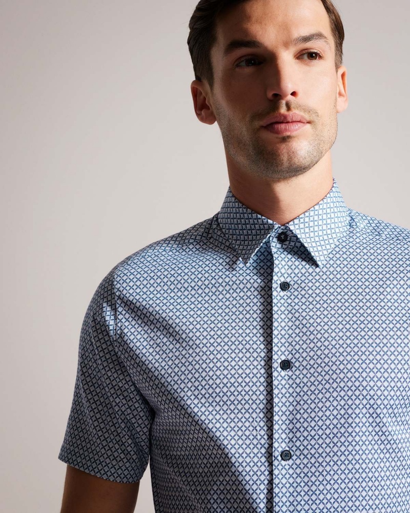 Ted Baker STRISHO Krótkie Sleeve Geo Print Shirt Dk-Blue | 12ALBDZVQ