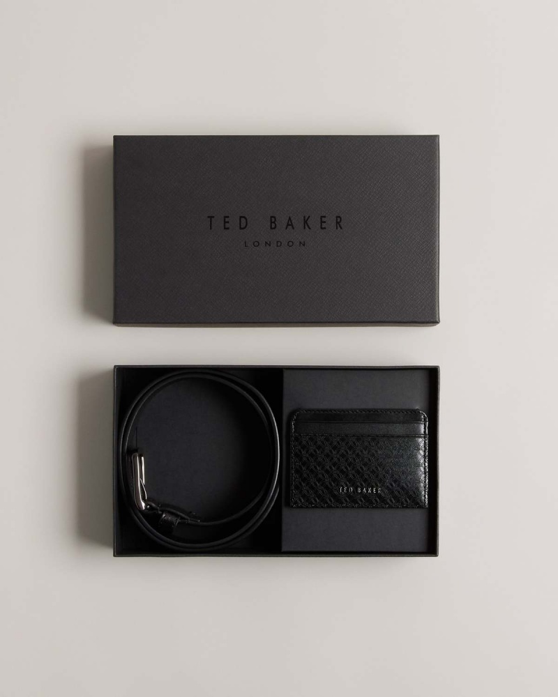 Ted Baker TERAMO Laser Etched Belt And Card Holder Set Czarne | 64YUQBMNZ