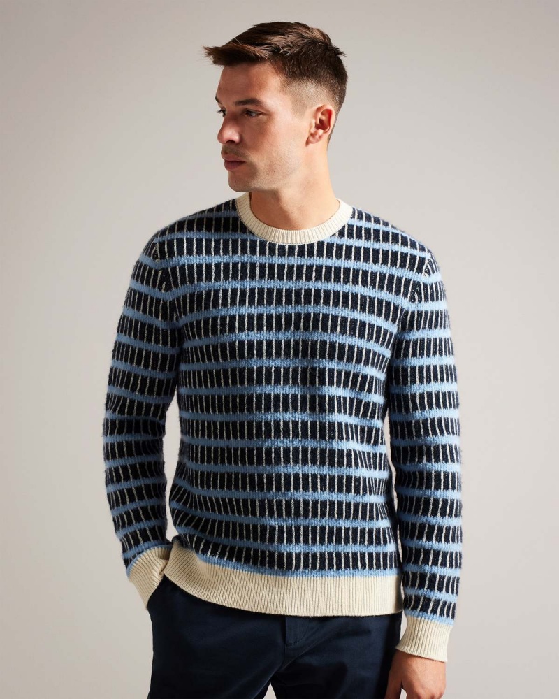 Ted Baker WAYLEN LS Textured Stripe Crew Neck Granatowe | 20UEPLGNA