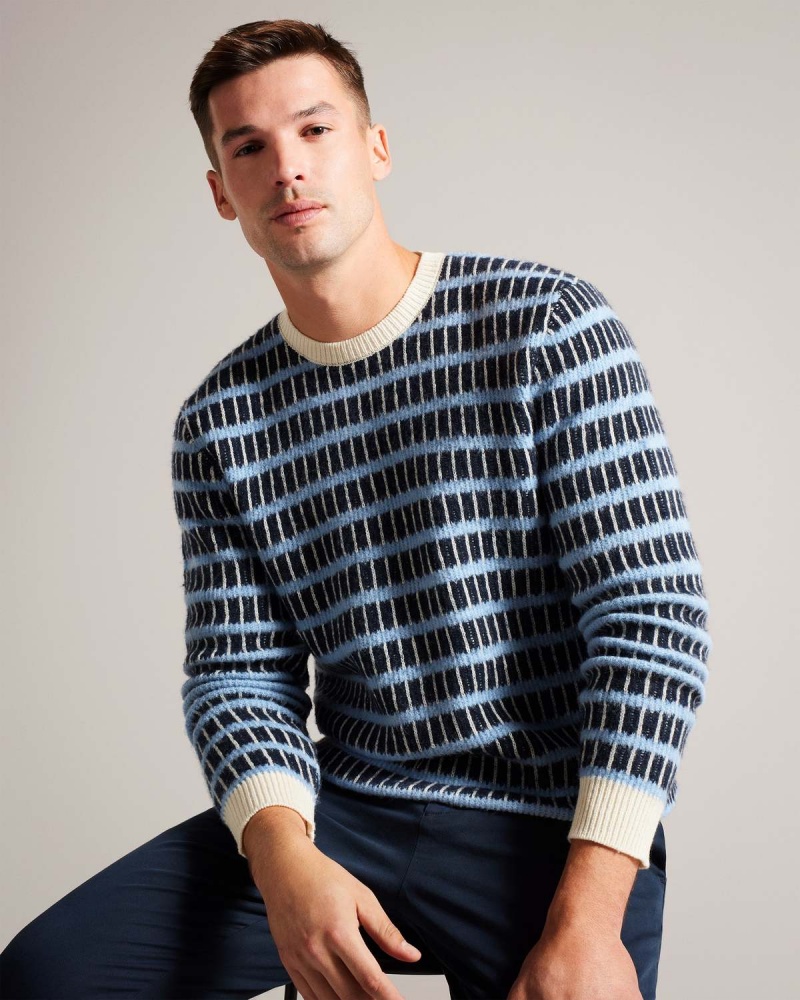 Ted Baker WAYLEN LS Textured Stripe Crew Neck Granatowe | 20UEPLGNA